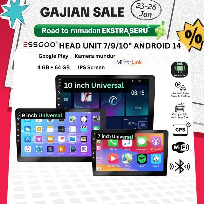 Bellasukandarsatu - ESSGOO Head Unit Android 14 mobil 4G+64G  7/9/10 Inch 2 Din Kontrol Suhu Cerdas 