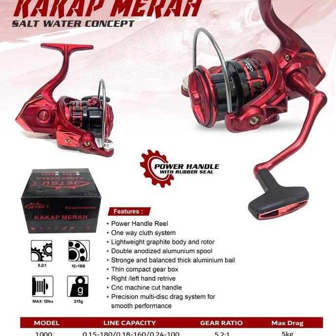 REEL POWER HANDLE SALT WATER MURAH GETSU KAKAP MERAH SW 1000 2000 7000