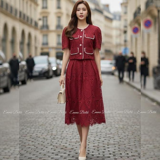Ginfinik- Emma.Butik E00560 Setelan Brokat Rok Midi Wanita Pesta Lengan Pendek Wisuda Remaja Atasan 
