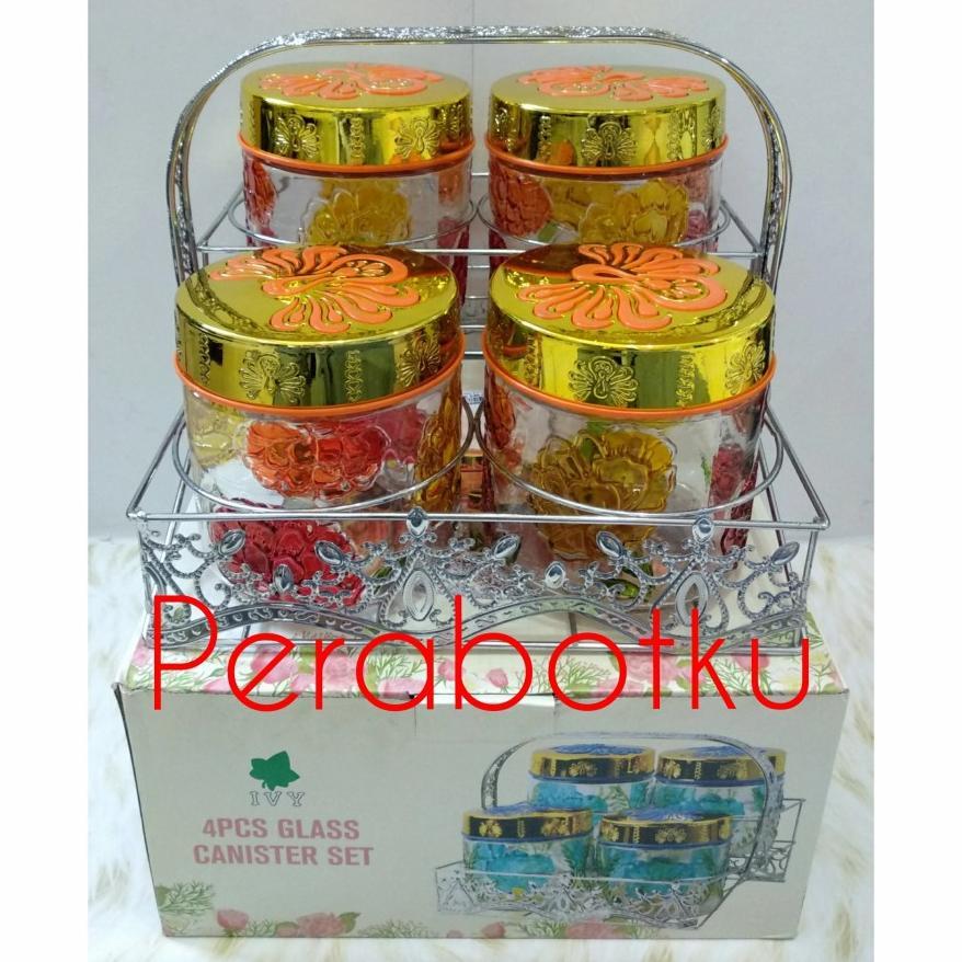 Toples Kaca + Keranjang IVY Set 4 pcs / Toples Bening Motif / Toples Kue Lebaran