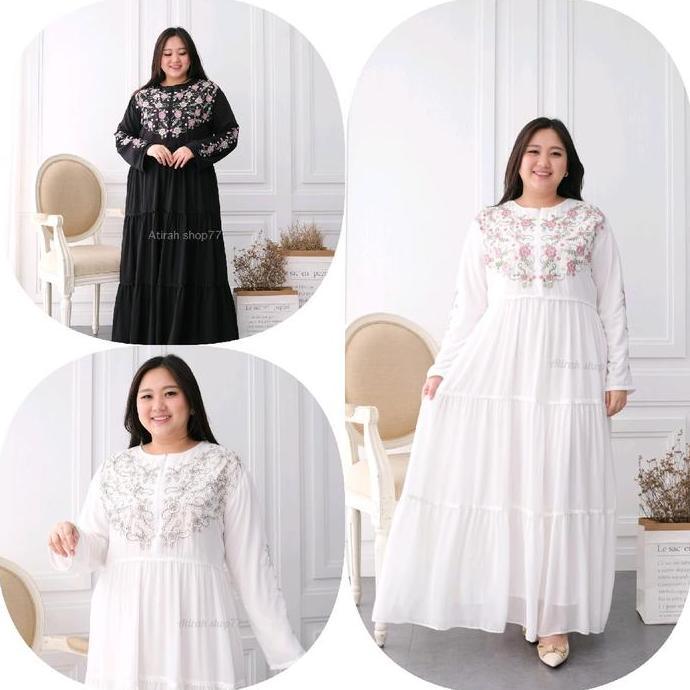 gamis putih jumbo wanita Ld125cm bordir terlaris