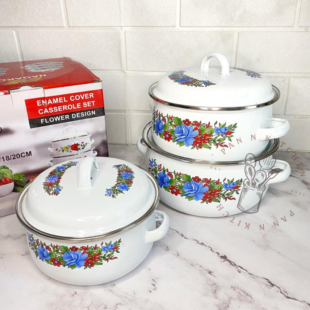 (3 Pcs) Panci Set Enamel Kembang Tutup Kaca Motif Jadul 16/18/20 cm / Panci Set Rumahan/ Panci Set K