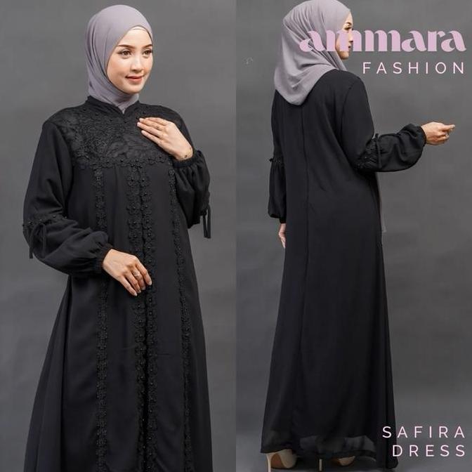 SAFIRA DRESS gamis bahan ceruty babydol putih hitam kombinasi renda mewah kondangan fashion muslim l
