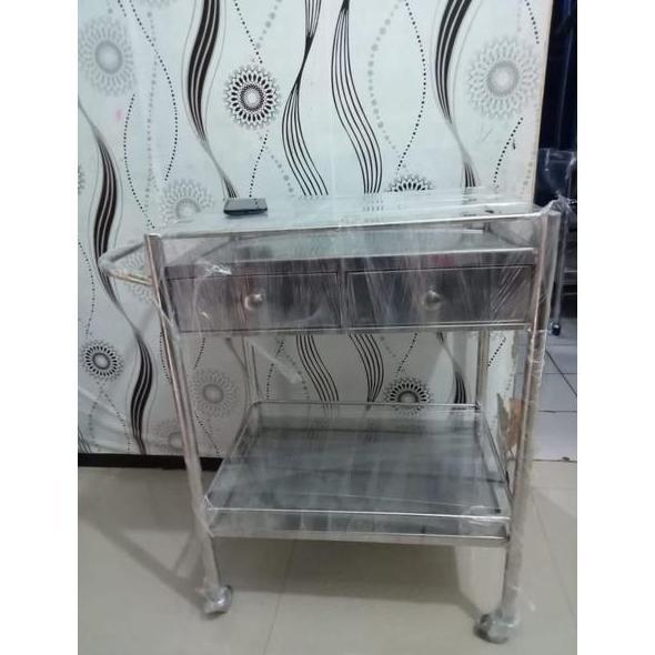 Troli instrumen 2 susun laci stainless meja instrumen troli instrumen