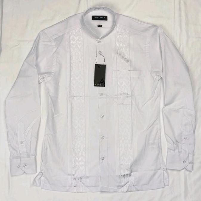 Bagusbanget- Kemeja Koko Alisan Pria Lengan Panjang Kerah Shanghai Bordir Putih