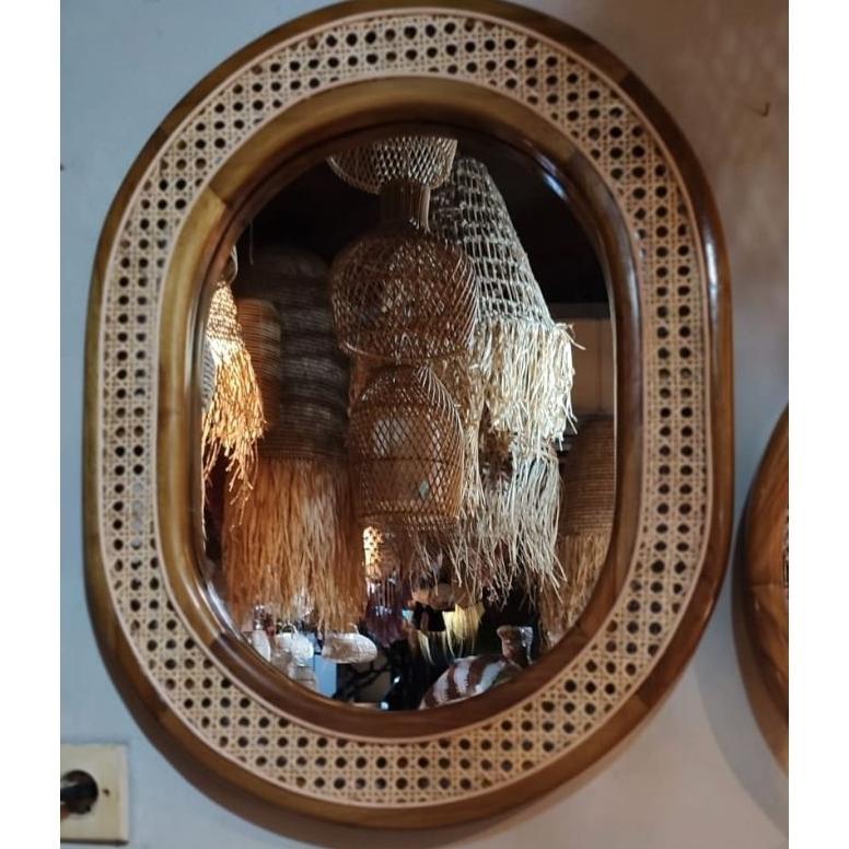 [RTN] mirror gantung,kaca cermin gantung dinding estetic kombinasi rotan finishing natural  jati