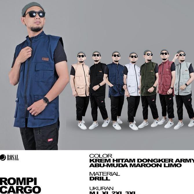 Rompi Cargo ROSAL Hitam, Rompi Sholat Pria Muslim Polos Bahan Katun Drill dengan Banyak Kantong & Re