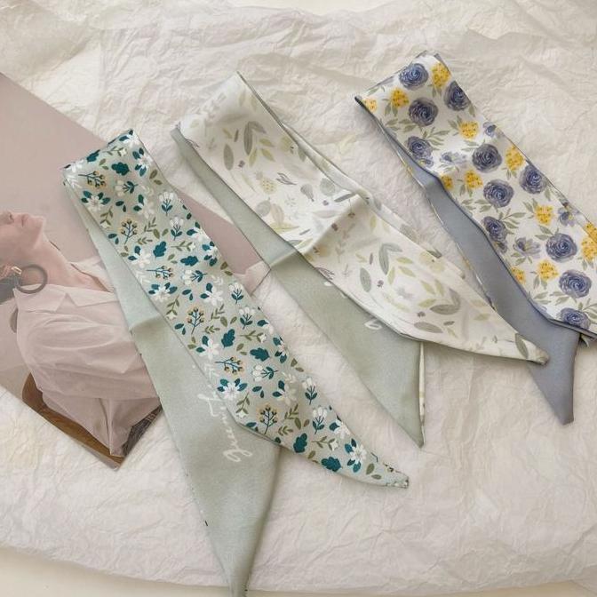 KOREAN TWILLY MOTIF BUNGA SILK SATIN SCARF BAG SHAWL RIBBON STYLE BASIC FLOWER SOFT PASTEL HAIR NECK