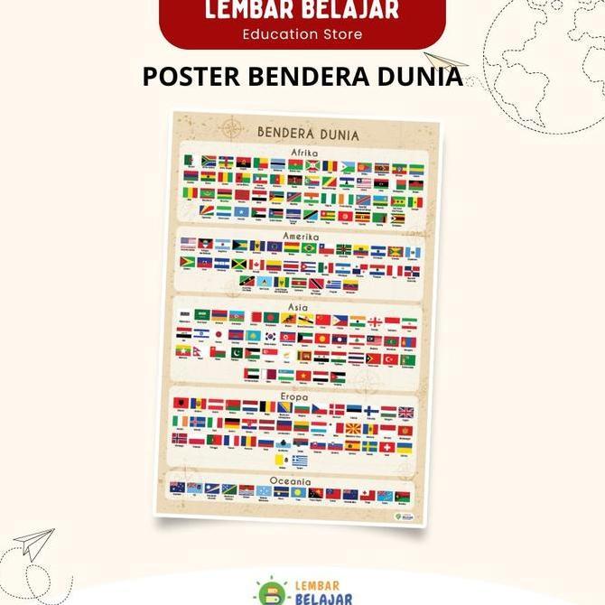 Poster Edukasi Bendera 195 Negara di Dunia Ukuran A3+ Pajangan Dinding Kelas