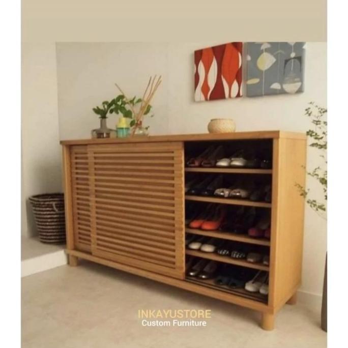 Lemari sepatu minimalis kayu jati solid, Almari sepatu kayu jati solid