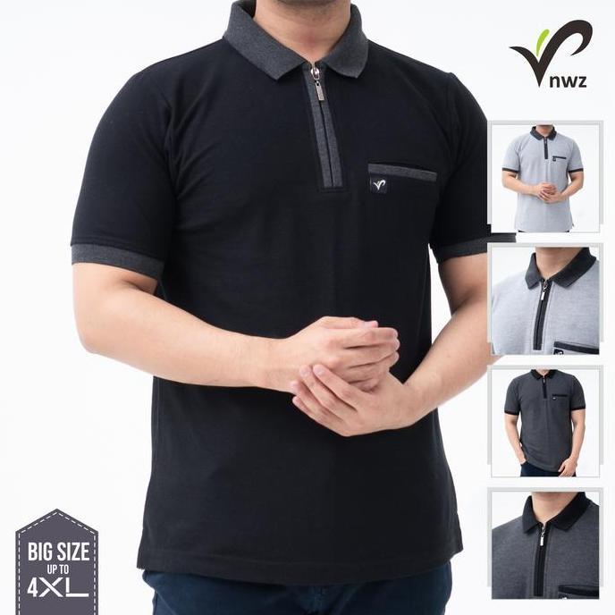 Kaos Polo Kerah Wangki Pria Zipper Saku Big Size Cotton | Baju Jumbo Resleting Warna Hitam Abu