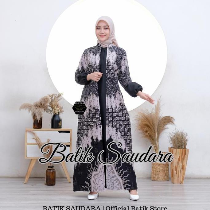 Batik Saudara Gamis Elegan Simple Baju Batik Katun Wanita Model Baru Motif Mega Mendung Hitam