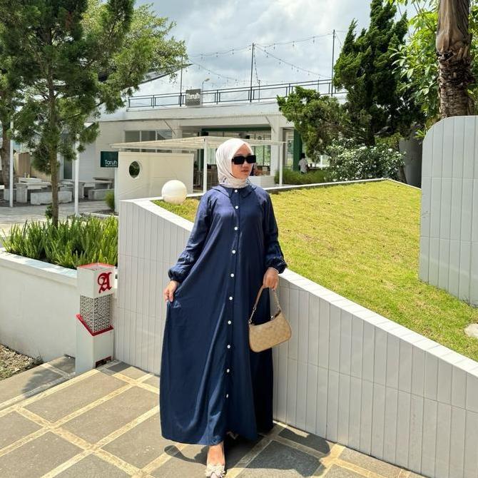 Gamis Azzura Polos Rayon Twill Full Kancing Bumil Busui Muslim Nyaman Dress Wanita Panjang