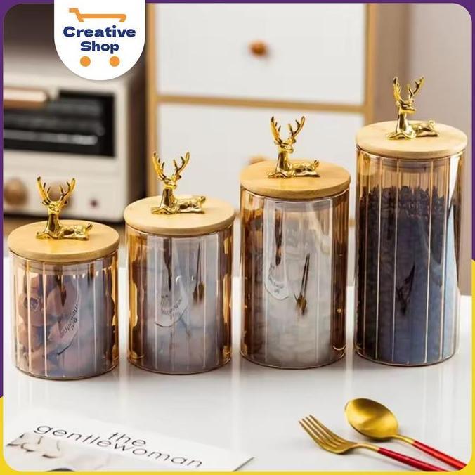 CS | Toples Kaca Tutup Kayu Rusa Gold | Toples Lebaran | Toples Kue Kering Kue Lebaran Tempat Wadah 