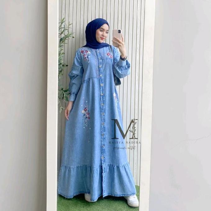Dress Maxy Gamis Soft Jeans Washed Wanita Muslim Cantik dengan  Variasi Aksen Bordir