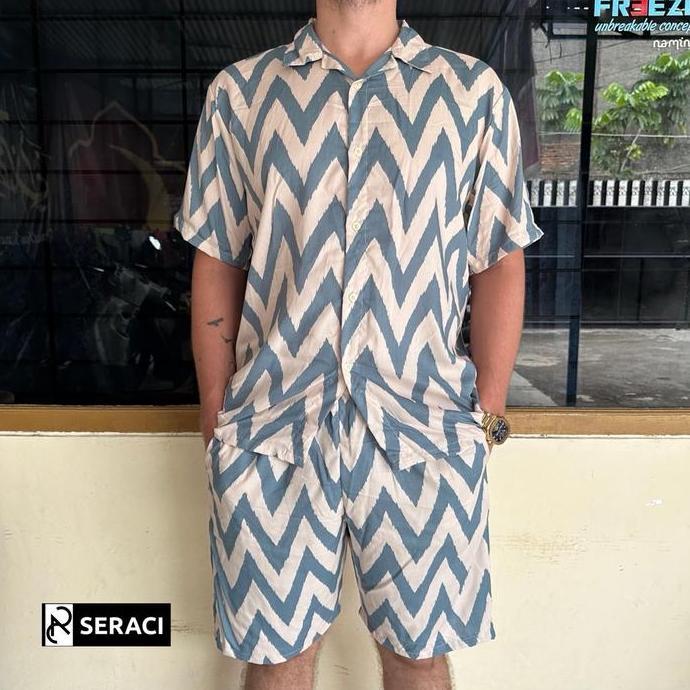 SERACI - one set kemeja pria dan wanita setelan celana pendek hawaii daily outfit pantai bahan rayon