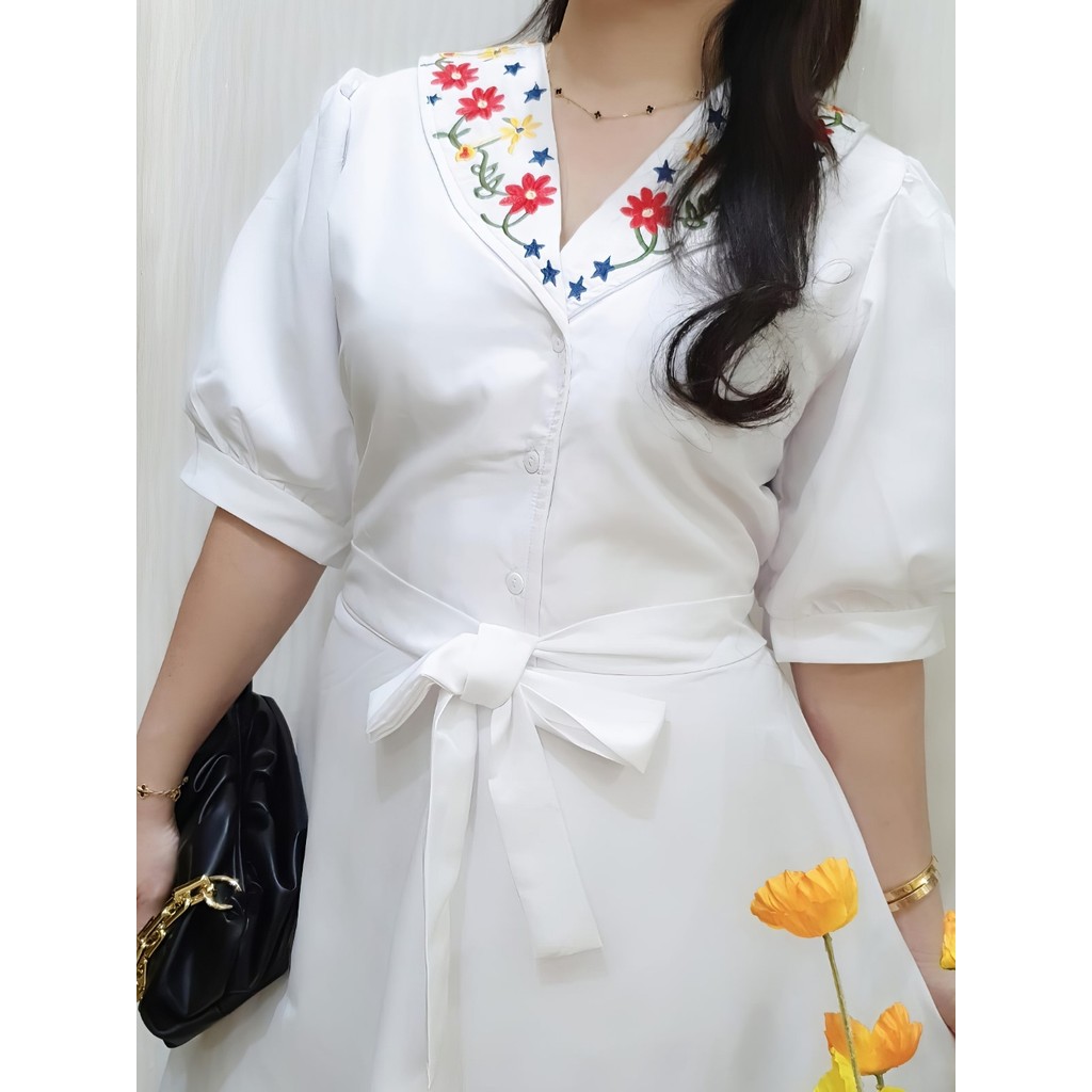 JESS Dress Blazer Putih Bordir - Midi Dress - Dress Korea - Dress Casual Formal Pesta