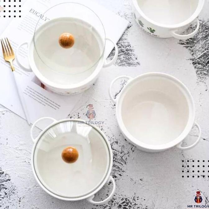 Mangkok Korea Aesthetic Mangkok Keramik Tutup Kaca Flamingo Handle Tahan Panas 800ML Kado Lucu Mangk