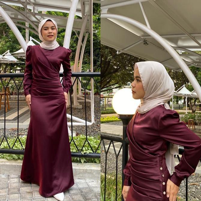 Mahaka Silk  Dress Premium -Dress burgundy  -Dress Lebaran Terbaru-Bodycon-Dress Mewah Kondangan Mus