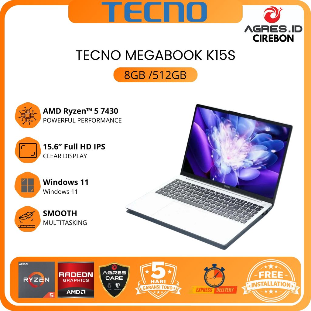 TECNO MEGABOOK K15S RYZEN 5 7430 8GB 512GB W11 15.6 FHD IPS SLV