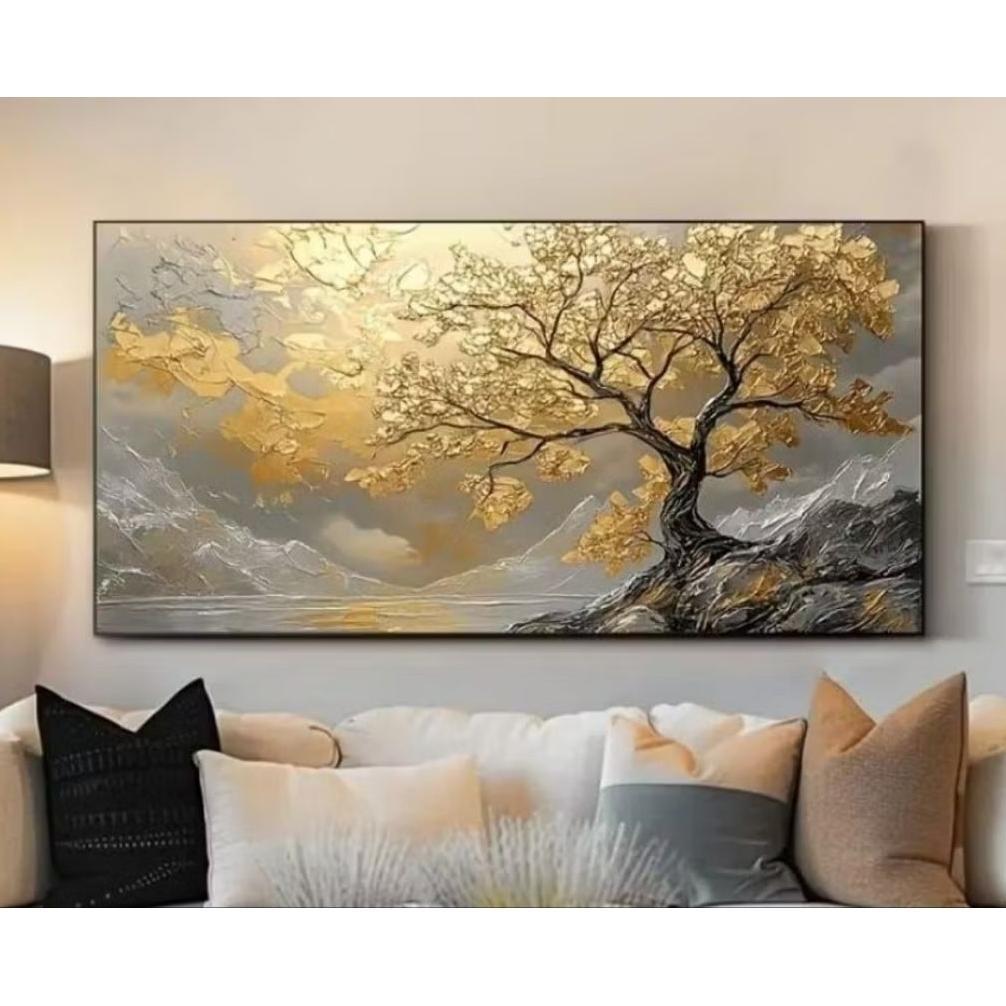 NEWW Lukisan Dinding Pohon Gold Tekstur 3D - Lukisan Handmade - Hiasan Dinding Ruang Tamu
