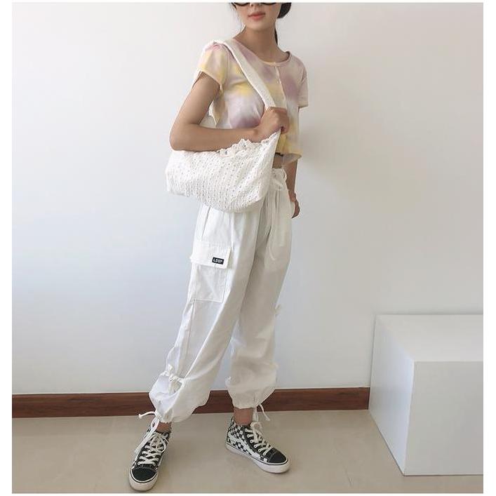 TC-40 tas kain kerut renda putih wanita import jepang shoulder bag