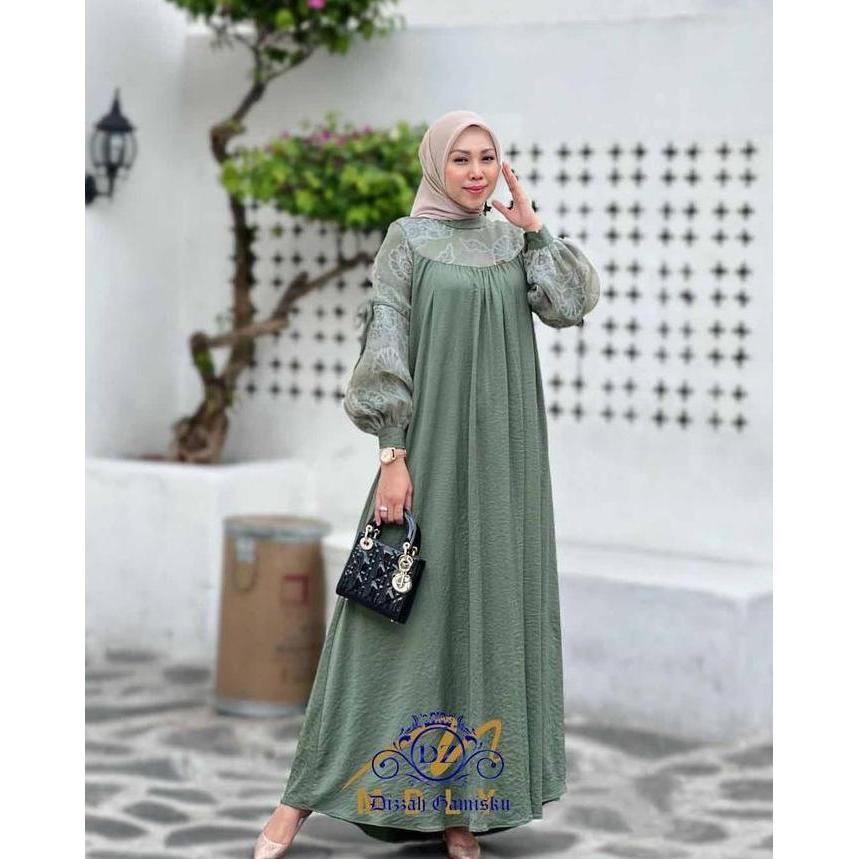 Bergaransi Dizzah Gamisku Andini Dress Gamis Polo Linen Mix Brukat Model Elegan Abu Coklat Wanita Mu