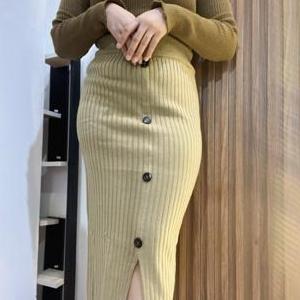 DR239 >> Rok Span Rajut Kancing Button Depan Variasi Dan Belahan Depan Rok Rajut Model Terbaru Kanci