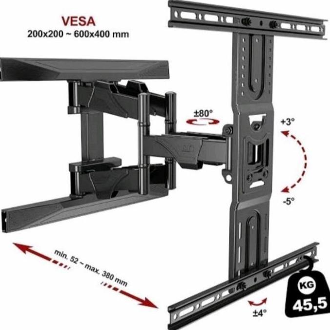 BEBAS ONGKIR - Gantungan TV Swivel Lengan Bracket Import untuk TV 40-75 Inch Mampu Mencapai Beban 45