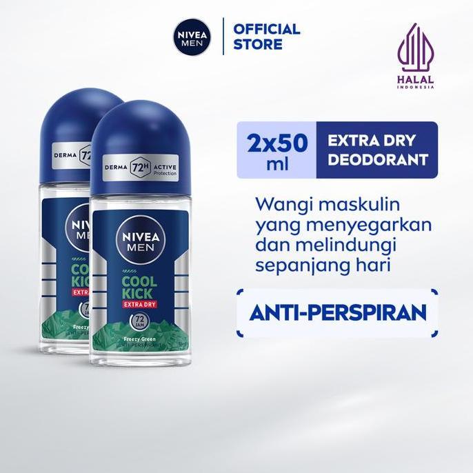 Skinwill- (Paket Hemat Isi 2) Nivea Men Deodorant Antiperspirant Roll On Cool Kick Freezy Green 50Ml