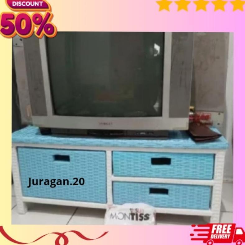 Meja Tv Rotan Sintetis Meja Rak Laci 3 Serbaguna