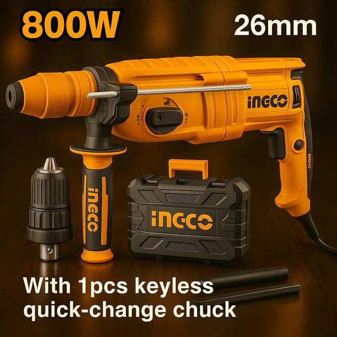 EVAHI INGCO MESIN BOR ROTARY HAMMER 26mm 800W RGH9028-2 Dengan Adaptor & 1pcs Keyless Quick-Change C