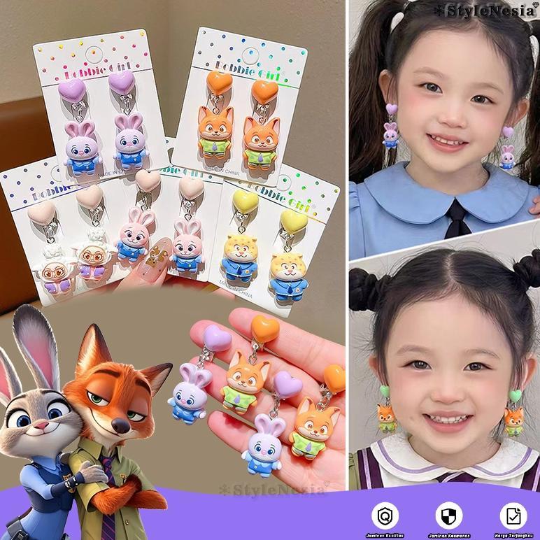 Anting Anak Perempuan Tanpa Tindik 100% Tidak Sakit - Model Karakter Zootopia 3D, Bahan Alloy & Resi