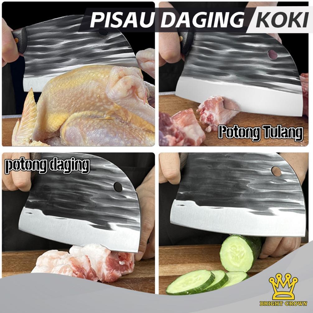 Hot Product Bright Crown Set Pisau Koki Dapur Super Tajam Stainless Gagang Kayu / Golok Cacah Daging