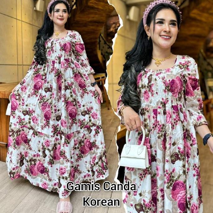Gamis Canda Korean Mawar Berdusta Daster Bali Katun Bunga Lembut Baju Dress Casual Karet Motif Nyama
