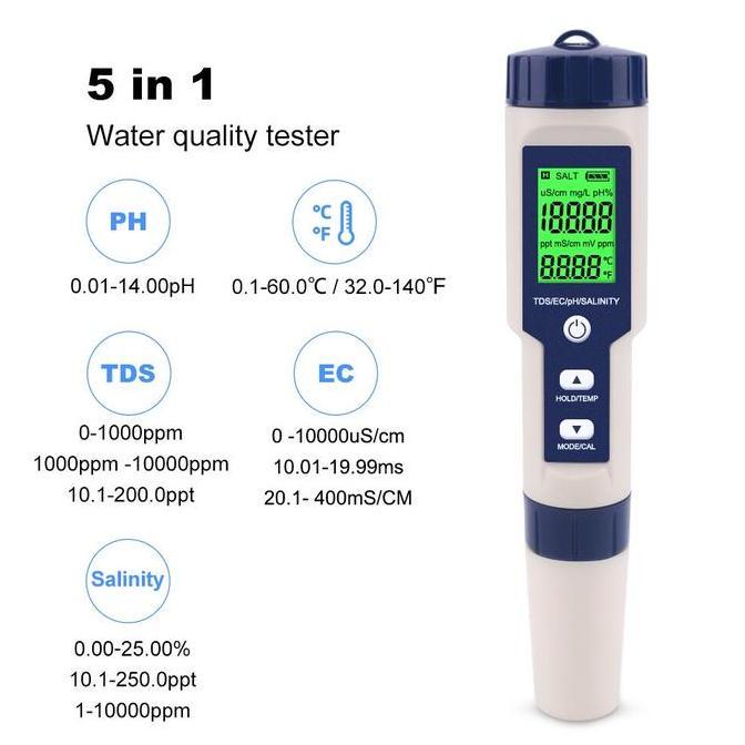 ALAT UKUR PH METER TDS EC TEMPERATUR SALINITAS AIR DIGITAL 5 IN 1 DENGAN BATERAI & KALIBRASI  UNTUK 