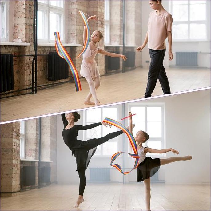 FARMUKE 2m Pita Twirling Satin dan Tongkat Twirling Ribbon Ballet Alat Ballet Senam Pita Twirling Ri