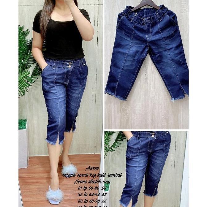 DR327 - Celana Jeans 7/8 Stretch K2 Pinggang Karet Kaki Rumbai Belah Size 31-34 Wanita Kancing