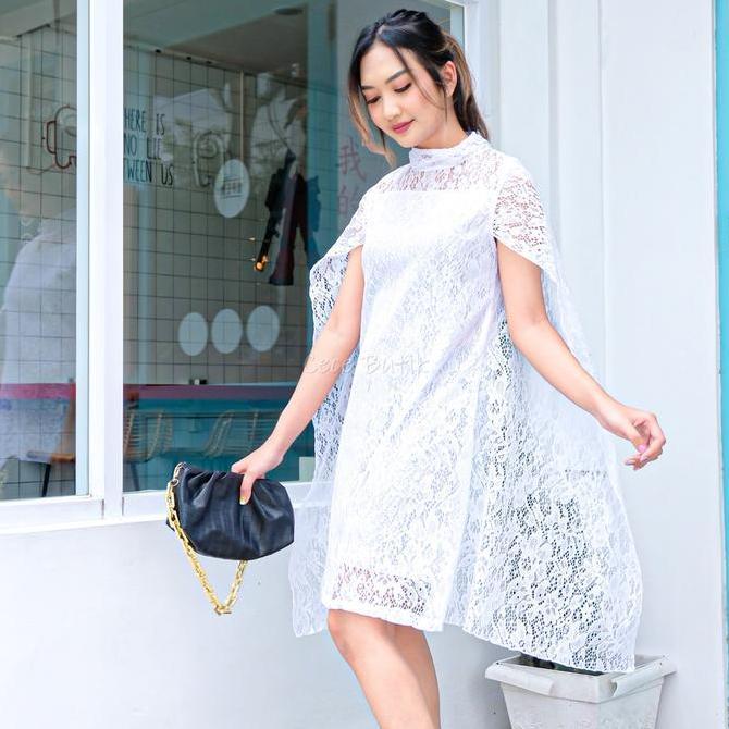 DV325 - Dress Wanita Brukat Lengan Batwing Sayap Kelelawar Dres Midi  Casual Mewah Gaun Pesta Kasual