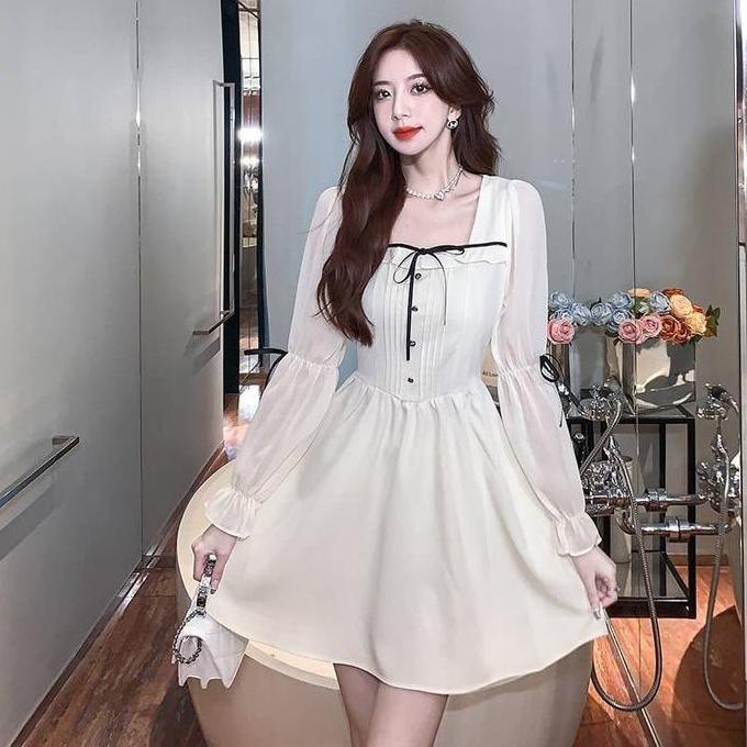 DI53 - 1312 dress long korean style vintage princess hitam Wanita cantik lengan panjang midi big siz