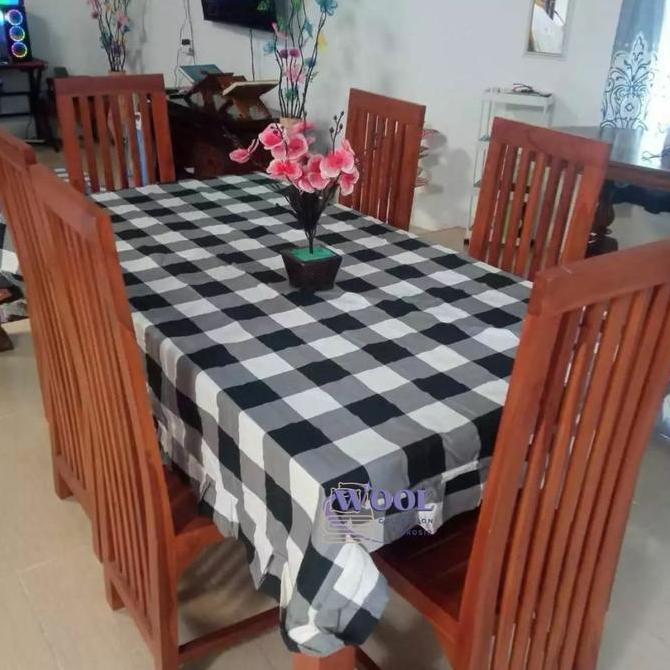 Taplak Meja Makan Aesthetic Bahan Kain Katun Motif Kotak Model Rumbai