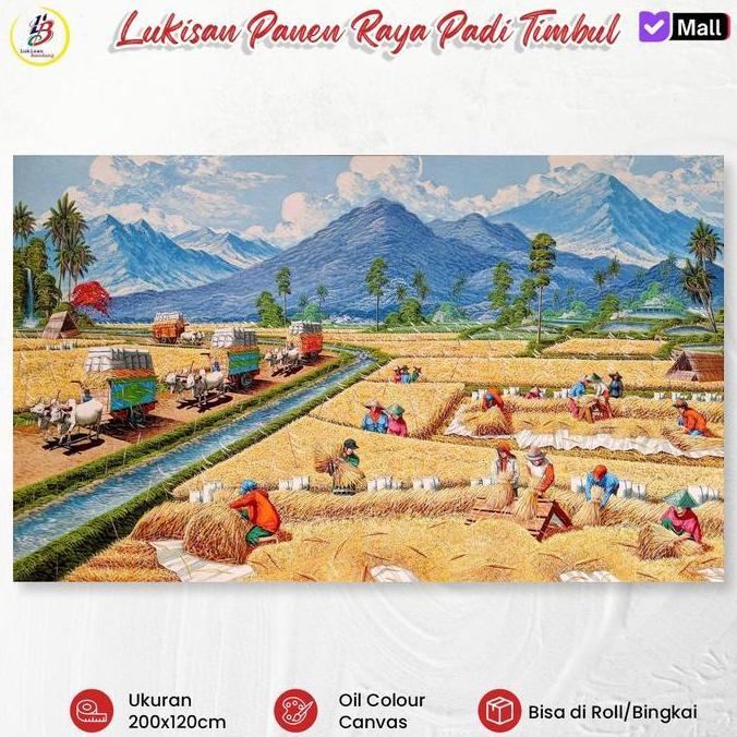 Lukisan Panen Padi 200x120 Lukisan Kanvas Besar Pemandangan Alam Pedesaan Tradisional