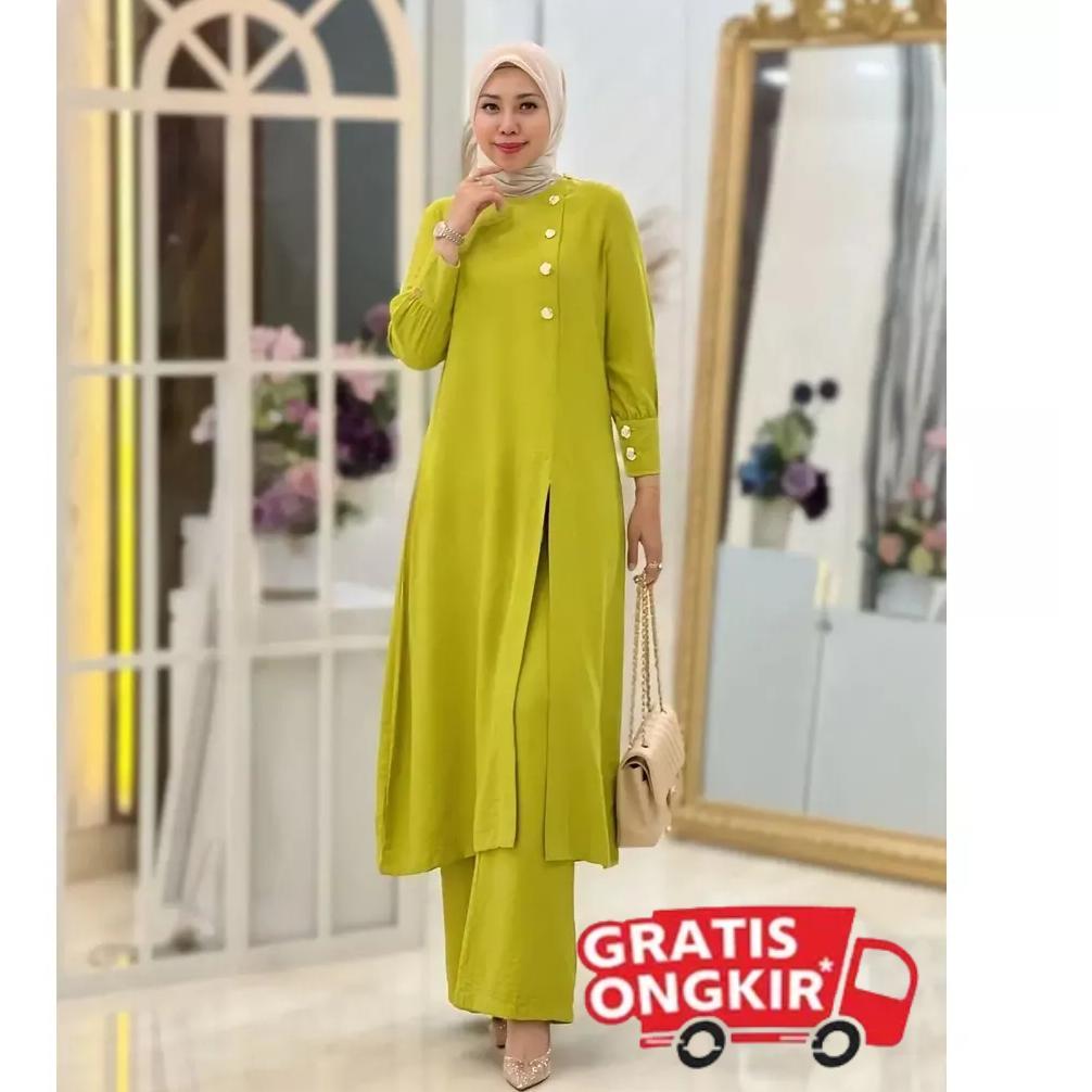 Awet Setelan Crinkel Airflow Premium Adeline Set Wanita Tunik Celana Kulot Saku Kanan Kancing Reslet