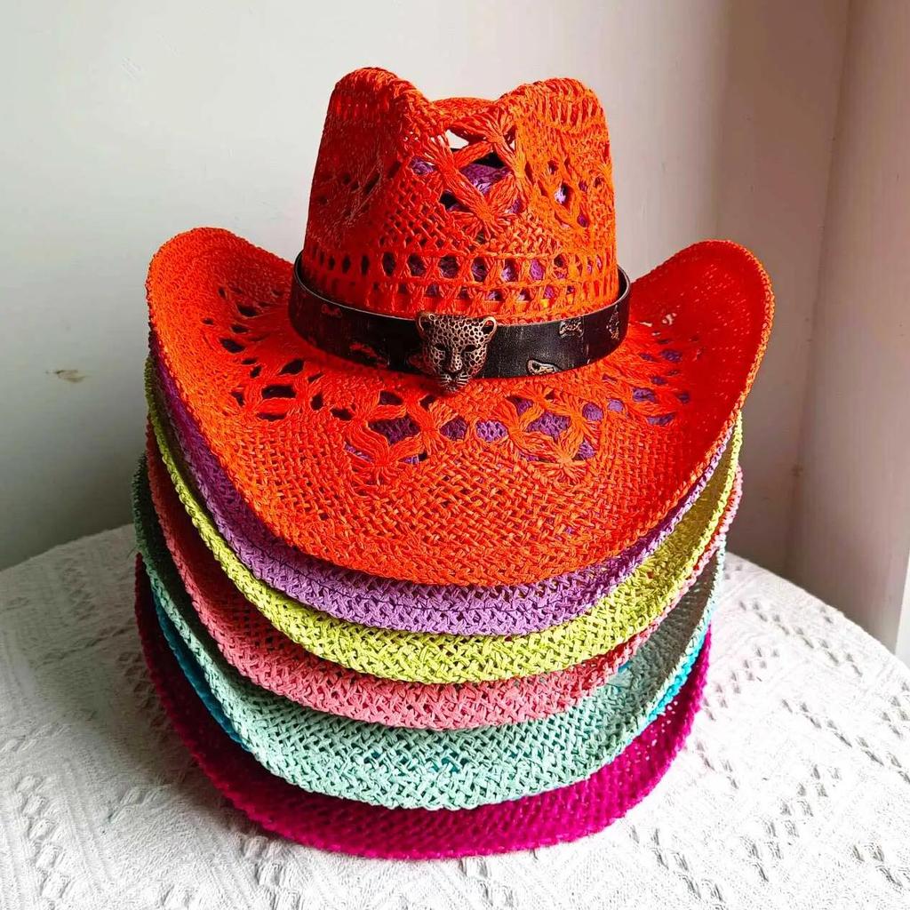Summer cowboy hat hollow woven straw hat new leopard head leather cowboy hat outdoor travel sun hat 