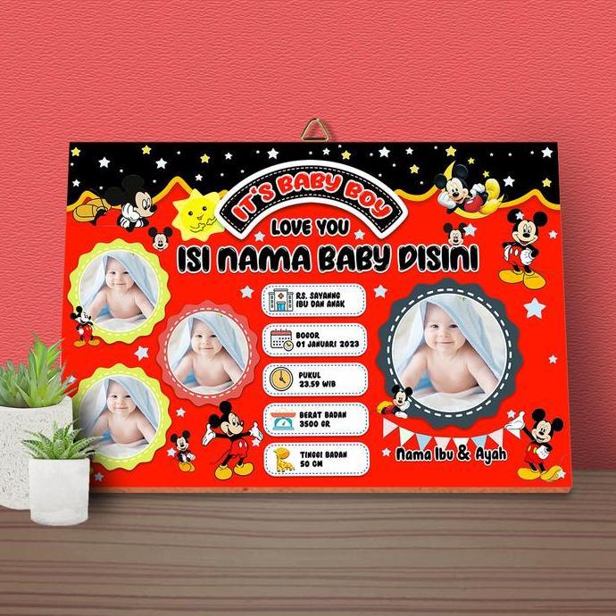Hiasan dinding kayu - hiasan dinding biodata bayi - biodata bayi cowo - biodata bayi cewe tema mikim