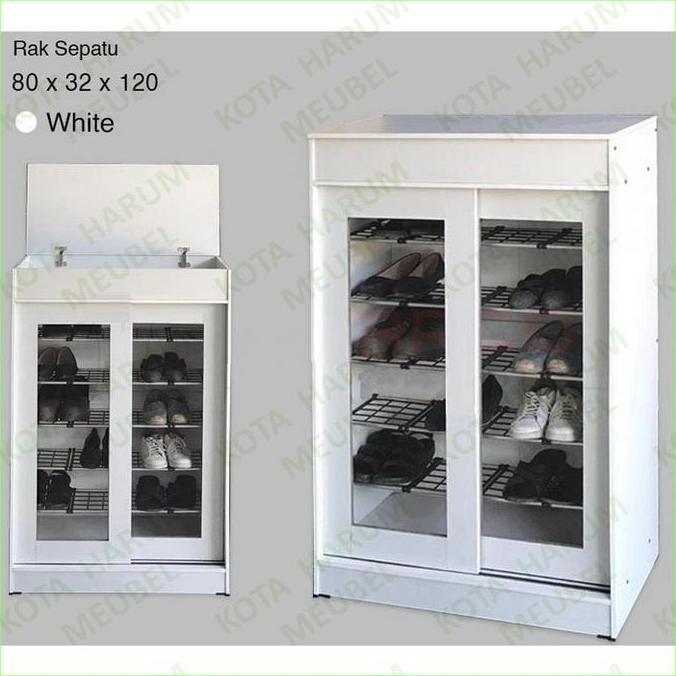 lemari rak sepatu pintu geser sliding kaca putih huga 425 bandung