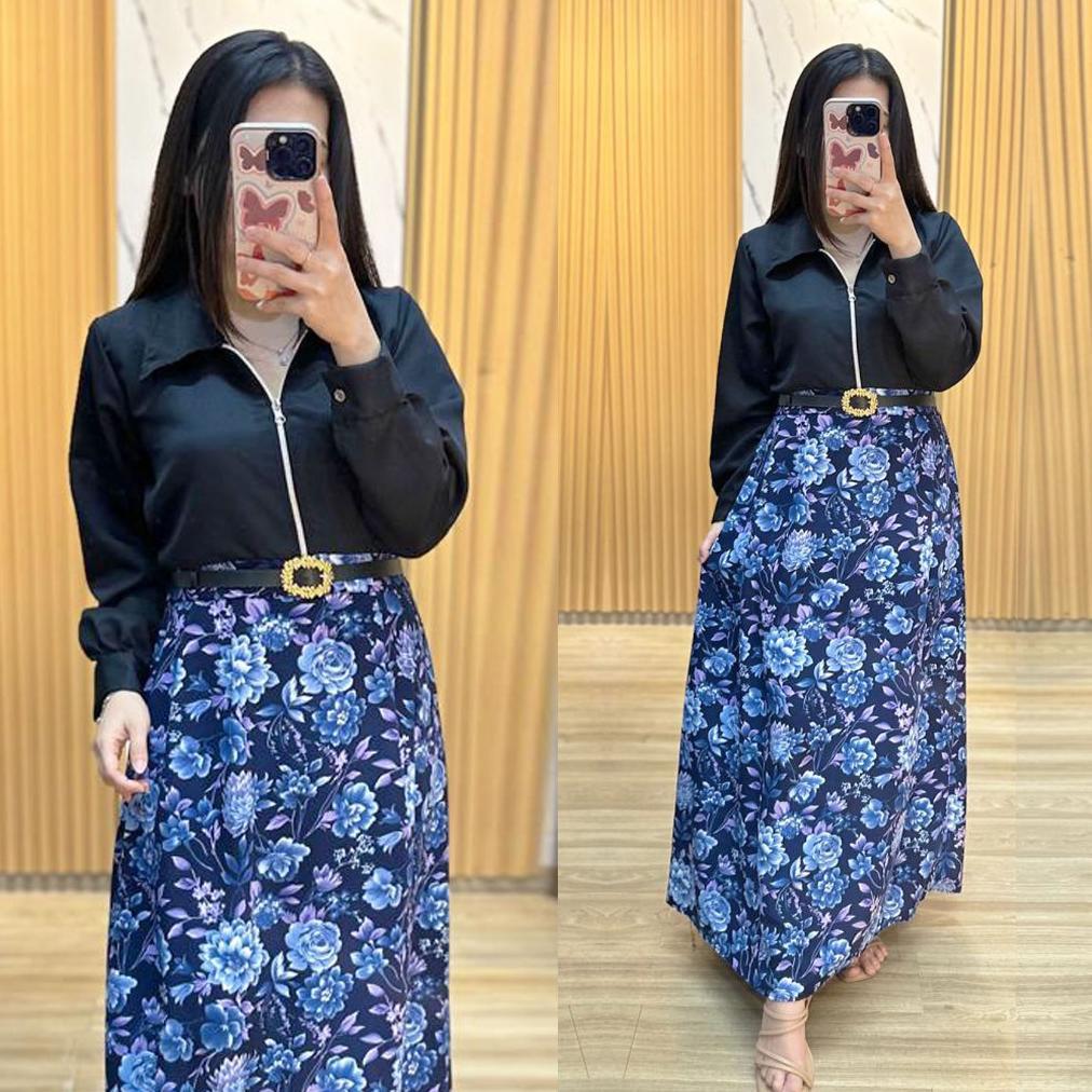{ FREE BELT }FM - LONGDRESS MURAH / GAMIS MOTIF / GAMIS BUSUI / OUTFIT KANTOR - LONGDRESS ZIPER BUNG