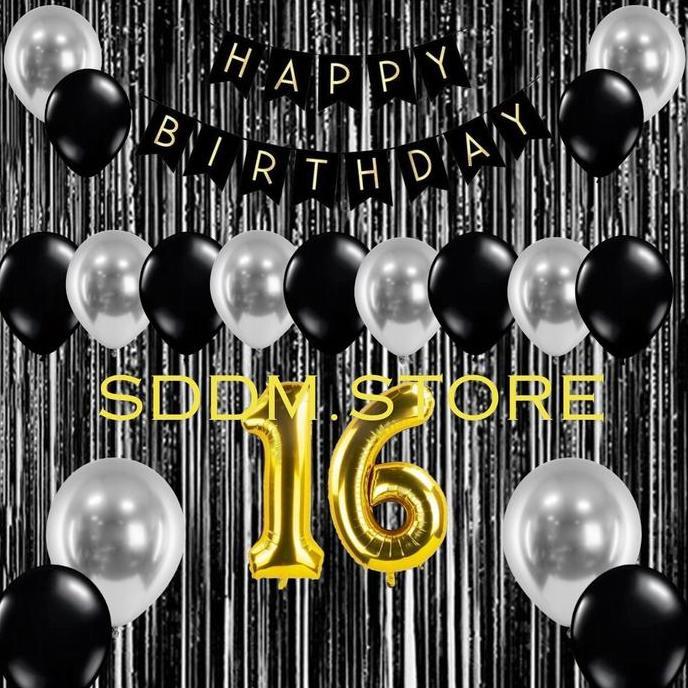 SIMPATE.OLD - PAKET DEKORASI ACARA PESTA ULANG TAHUN BANNER TIRAI HITAM BALON LENGKAP GRATIS BALON A