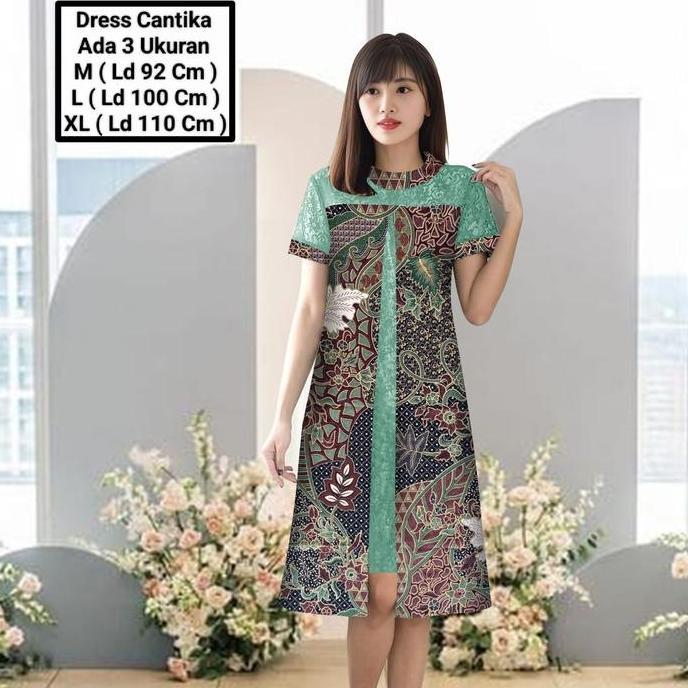 Dress Cantika Girl Midi Model Terbaru Matt Batik Kombinasi Brokat Mutiara Modern Elegant Cocok Untuk