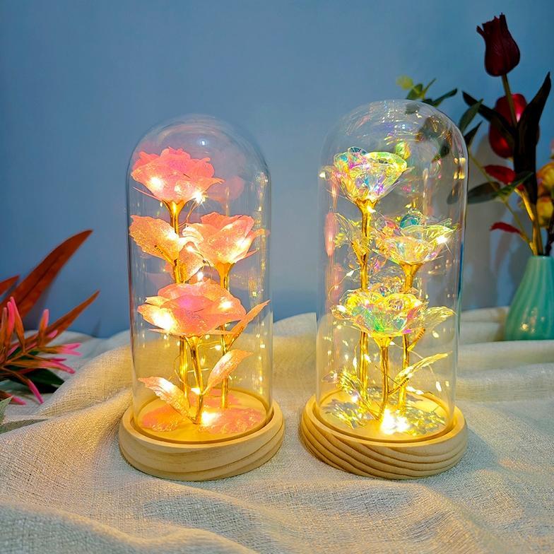 Bunga Mawar Kaca Akrilik Lampu Sasis Kayu Led 3 Rose Hadiah Valentine Mawar Of Beauty And The Beast 